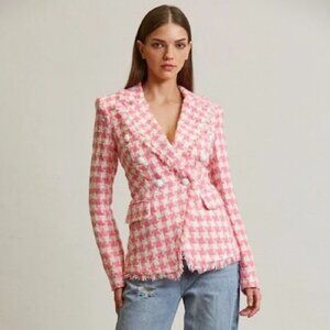 Pink Tweed Double Breasted Raw Hem Blazer Jacket NWT, Size M
